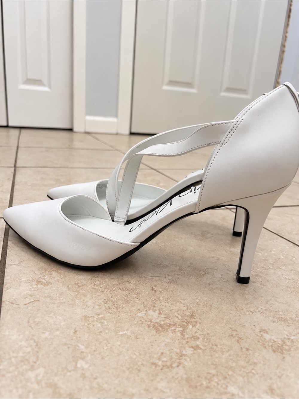 Calvin Klein White Pointed Cross-Strap Heels